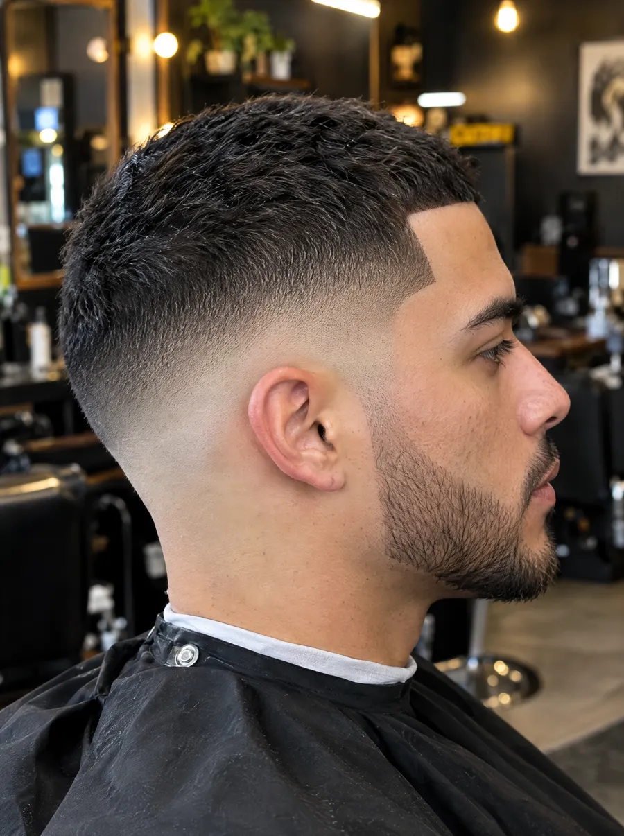 Sfeerbeeld: strakke skin fade met lijntje en baard